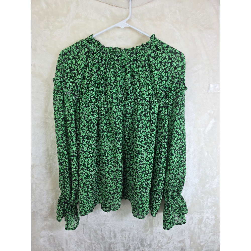 Who What Wear Womens XXL Green Black Floral Clip Dot‎ Smocked Blouse F16872401
